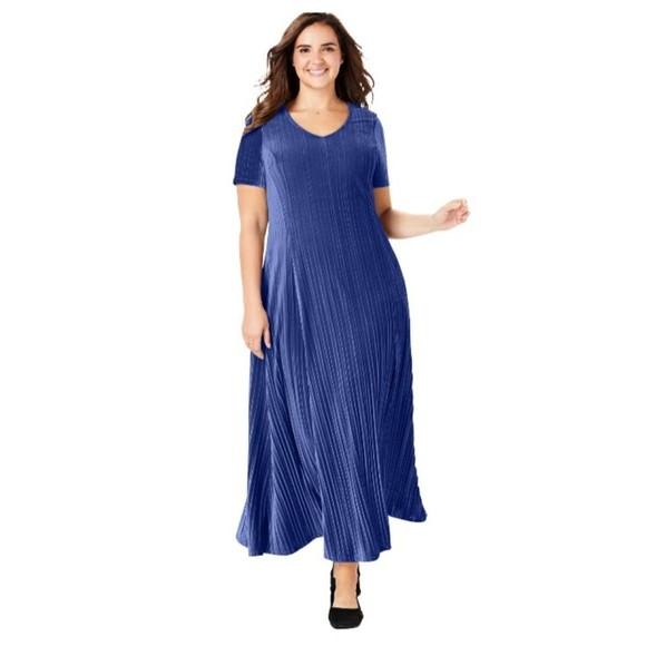Woman Within Dresses & Skirts - Woman Within Ultra Blue Velour Pleated Short Sleeve Maxi Dress 14W or 16W NWOT
